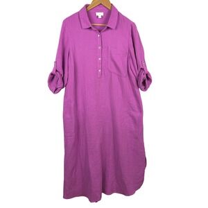 J. Jill Women Double Gauze Cotton Roll-Tab Sleeve Midi Shirt Dress Sz M Beach